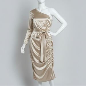 BEBE One Shoulder Tapioca Party Ruched Ankle Dress NEW with tags XLARGE